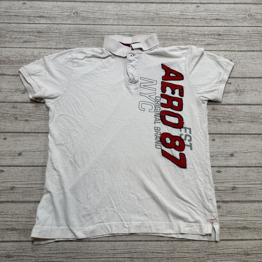 Y2K Aeropostale Polo Shirt Men's Medium White Aero 87 NYC Short Sleeve Cotton